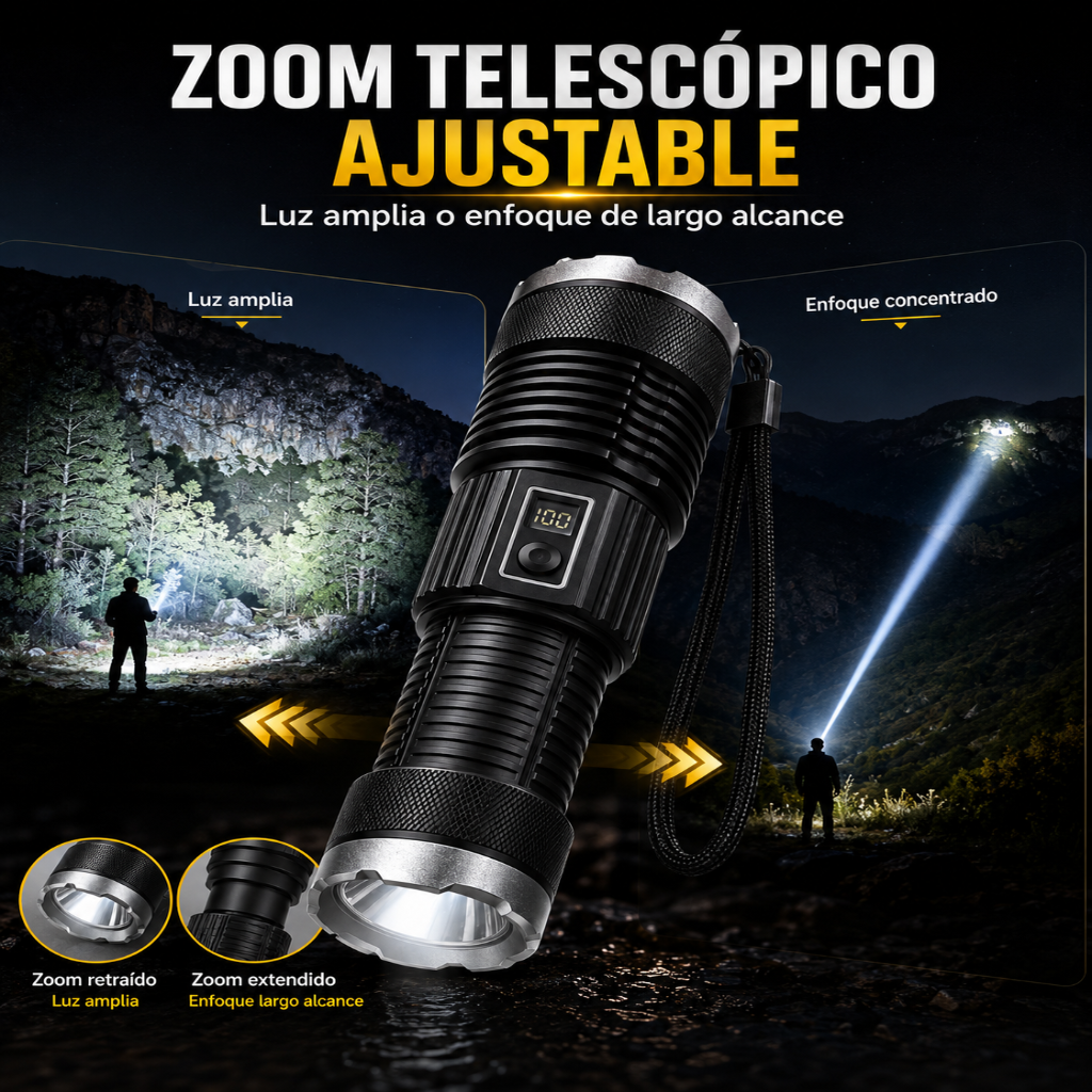Linterna Táctica Profesional FLASHLIGHT con Zoom Telescópico y Pantalla Digital