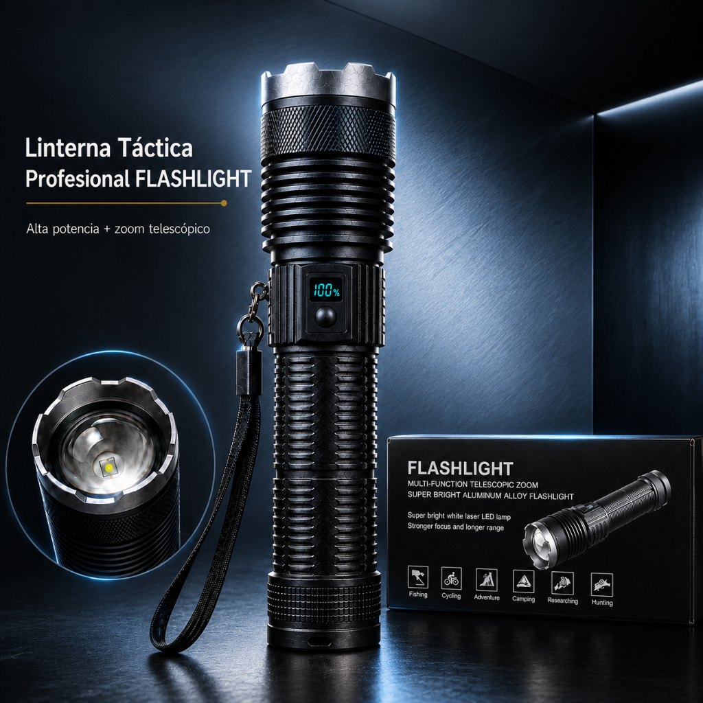 Linterna Táctica Profesional FLASHLIGHT con Zoom Telescópico y Pantalla Digital