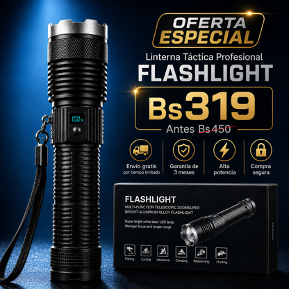 Linterna Táctica Profesional FLASHLIGHT con Zoom Telescópico y Pantalla Digital