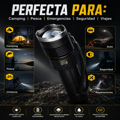 Linterna Táctica Profesional FLASHLIGHT con Zoom Telescópico y Pantalla Digital