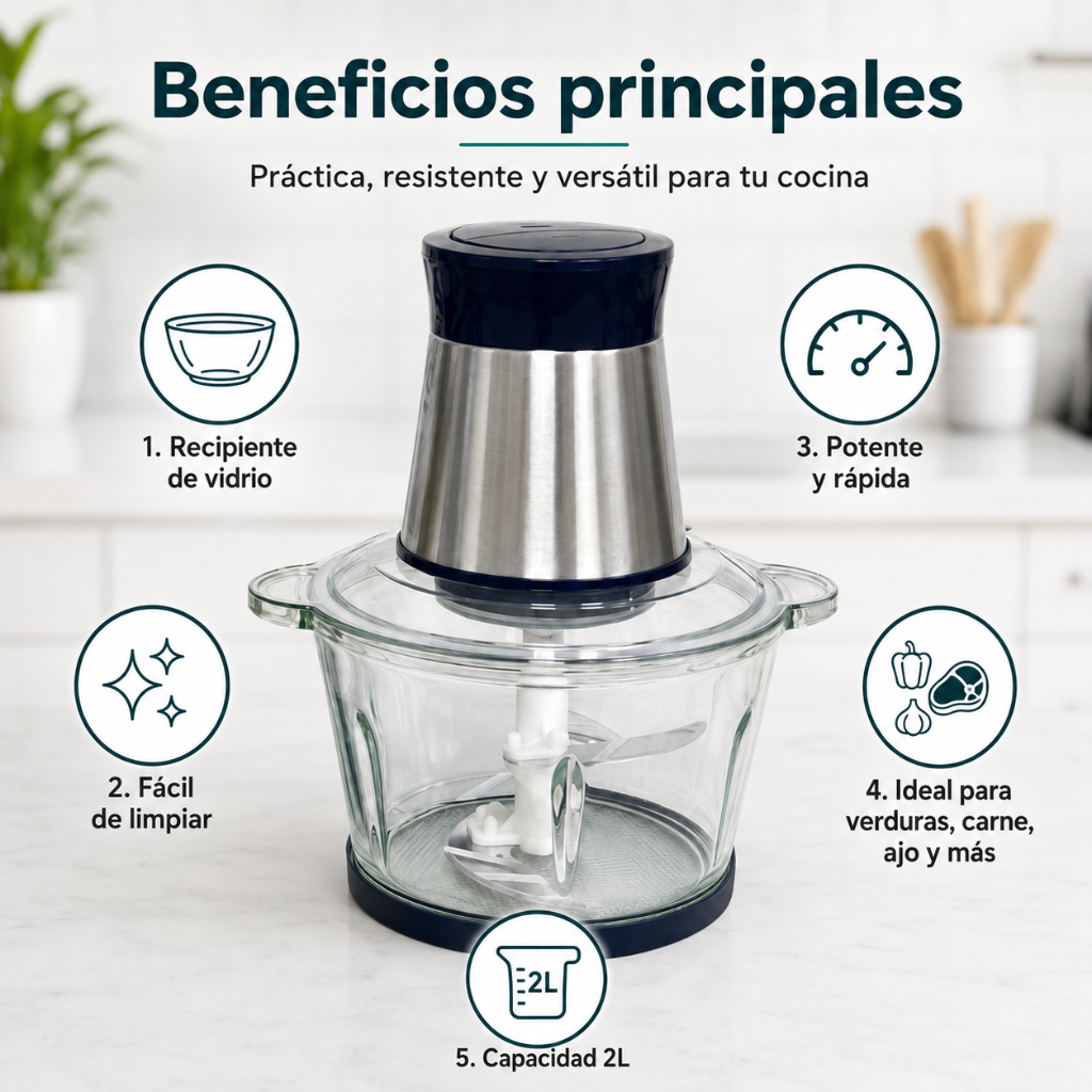 Picadora de Vidrio 2L Multifuncional – Potente, Rápida y Fácil de Limpiar