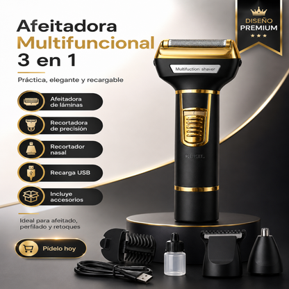 Afeitadora Multifuncional 3 en 1 Recargable USB | Barba, Perfilado y Nariz