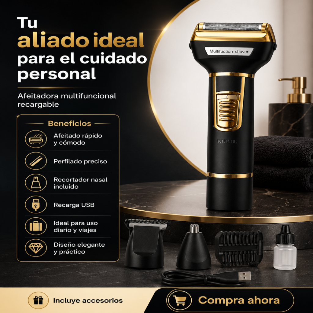 Afeitadora Multifuncional 3 en 1 Recargable USB | Barba, Perfilado y Nariz