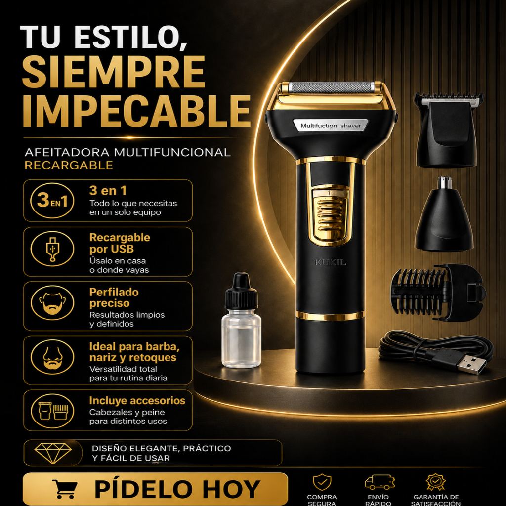 Afeitadora Multifuncional 3 en 1 Recargable USB | Barba, Perfilado y Nariz