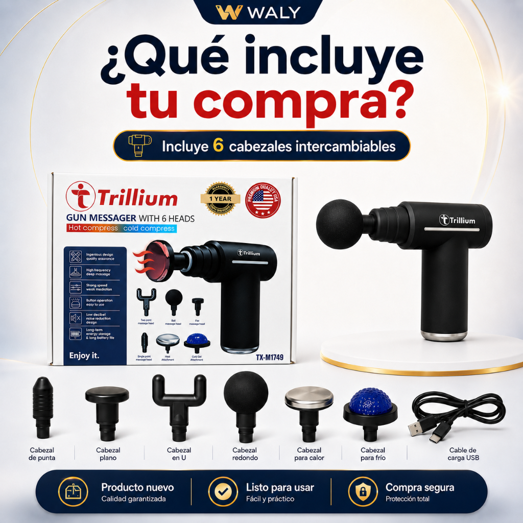 Pistola Masajeadora Trillium con 6 Cabezales | Frío, Calor y Pantalla Digital