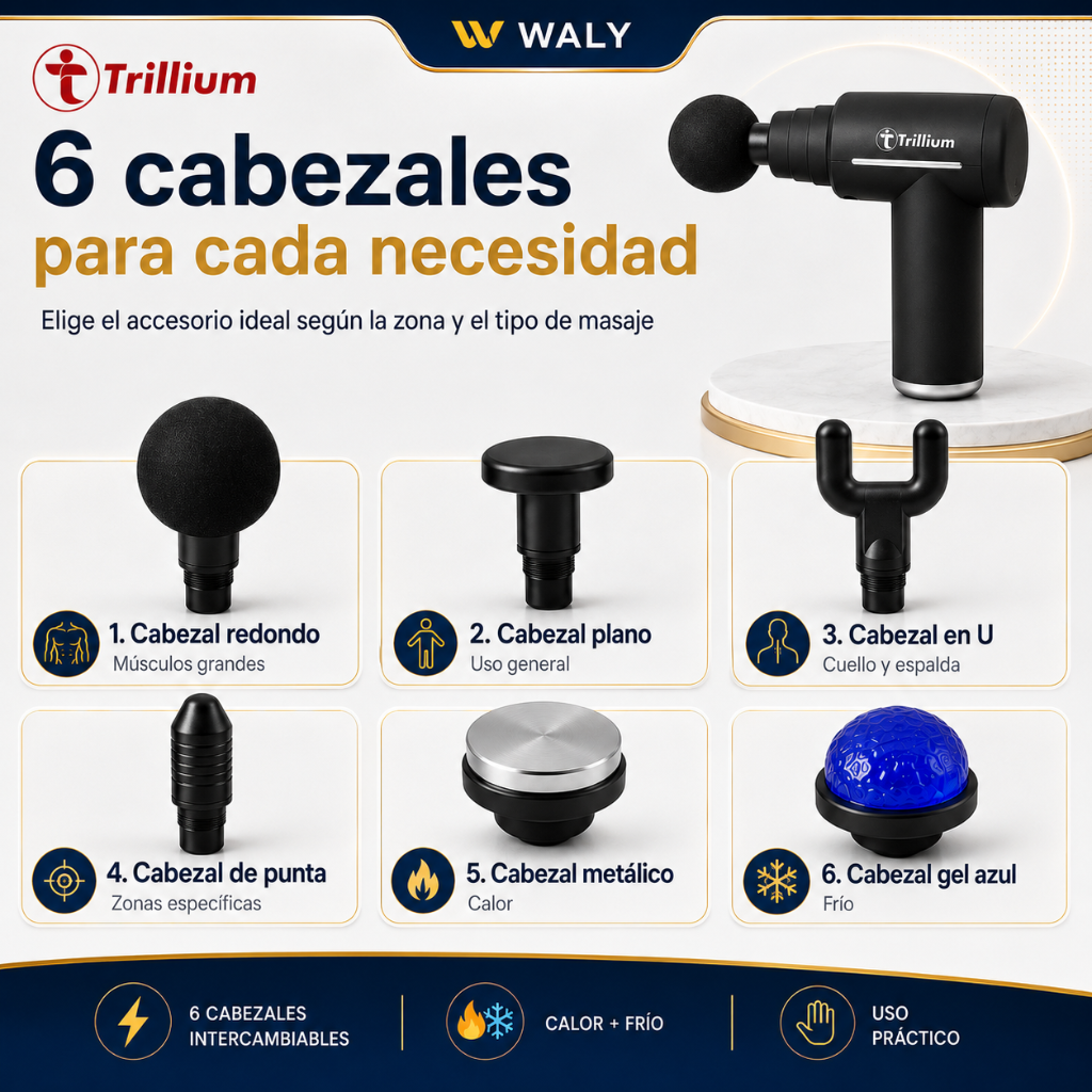 Pistola Masajeadora Trillium con 6 Cabezales | Frío, Calor y Pantalla Digital