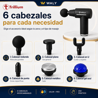 Pistola Masajeadora Trillium con 6 Cabezales | Frío, Calor y Pantalla Digital