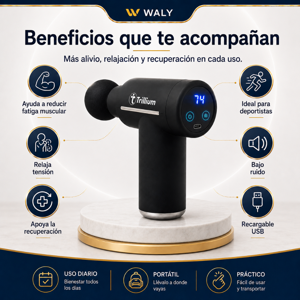 Pistola Masajeadora Trillium con 6 Cabezales | Frío, Calor y Pantalla Digital