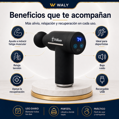 Pistola Masajeadora Trillium con 6 Cabezales | Frío, Calor y Pantalla Digital
