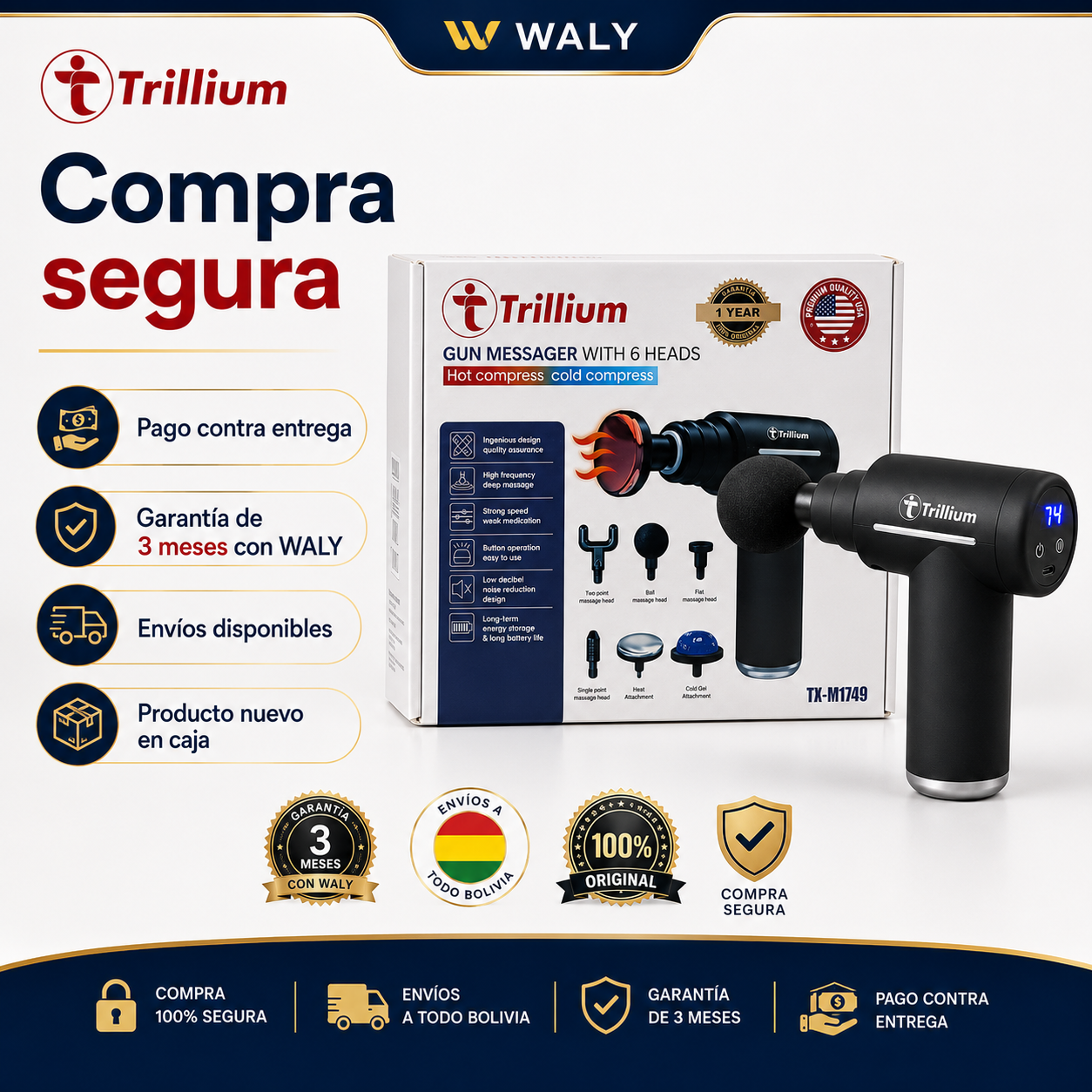Pistola Masajeadora Trillium con 6 Cabezales | Frío, Calor y Pantalla Digital