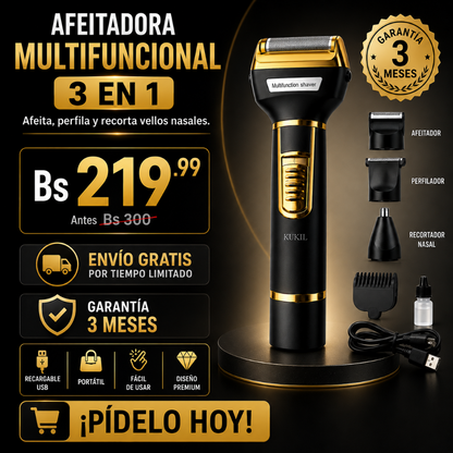 Afeitadora Multifuncional 3 en 1 Recargable USB | Barba, Perfilado y Nariz