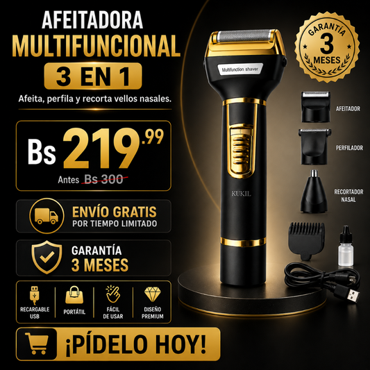 Afeitadora Multifuncional 3 en 1 Recargable USB | Barba, Perfilado y Nariz