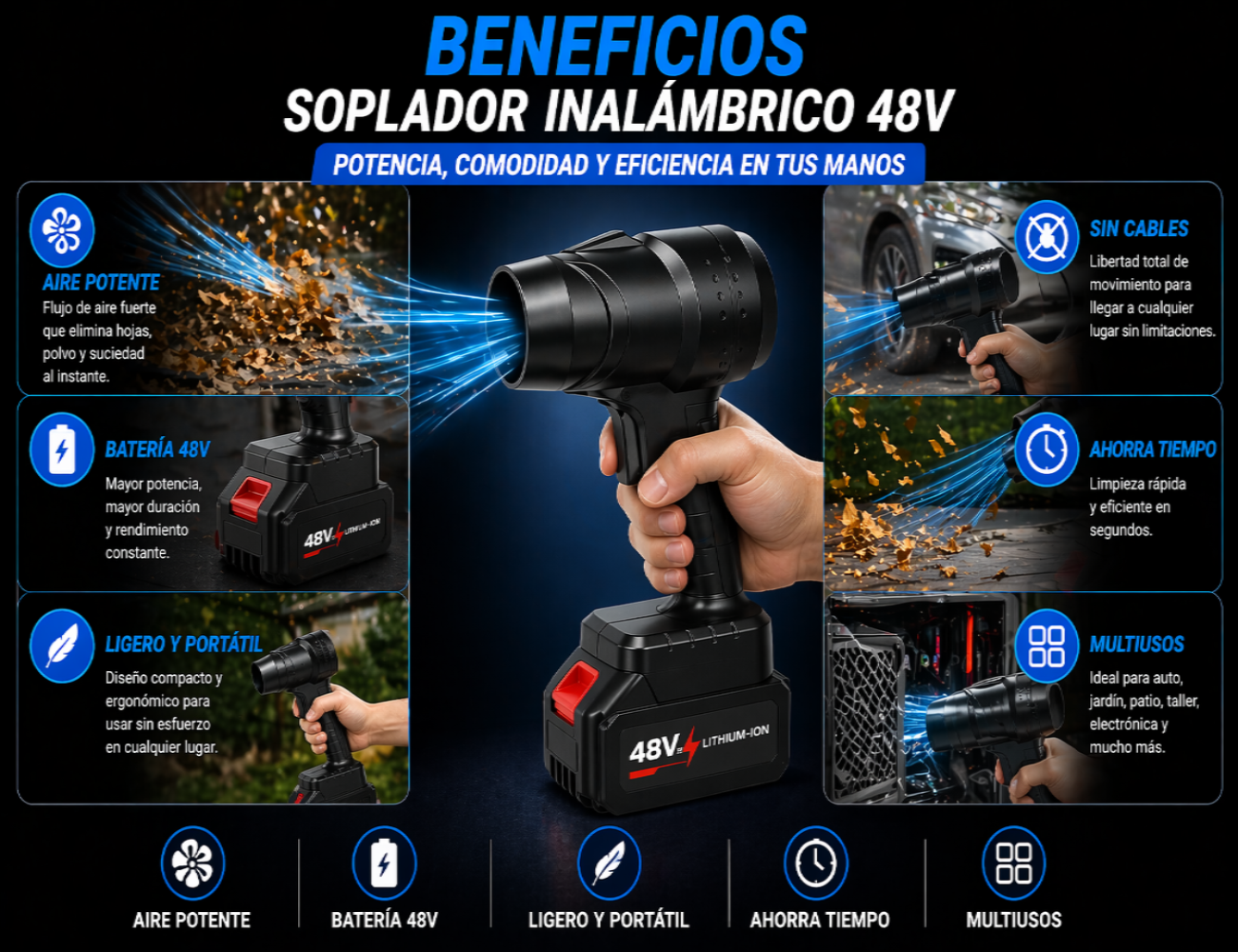 Soplador Portátil Inalámbrico 48V de Alta Potencia