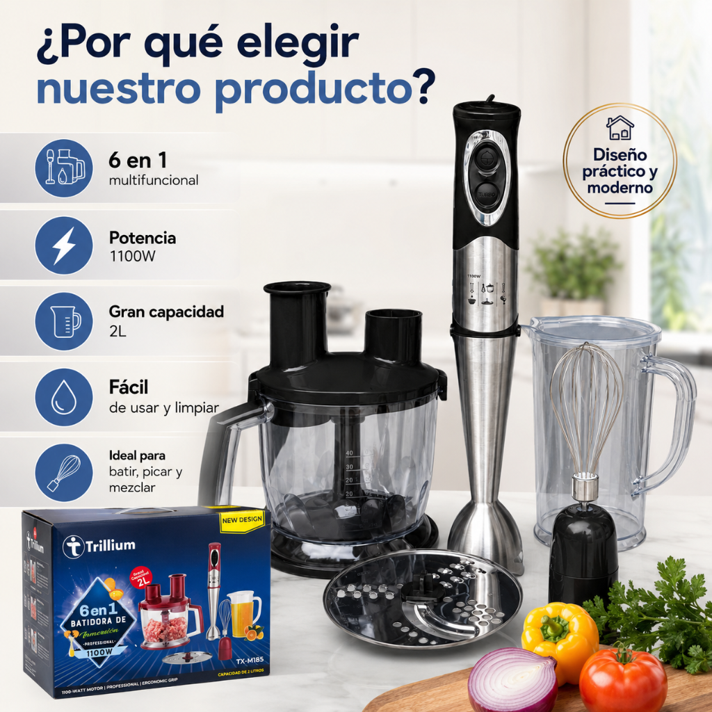 Batidora de Inmersión Trillium 6 en 1 1100W + Regalo Encendedor Eléctrico Recargable