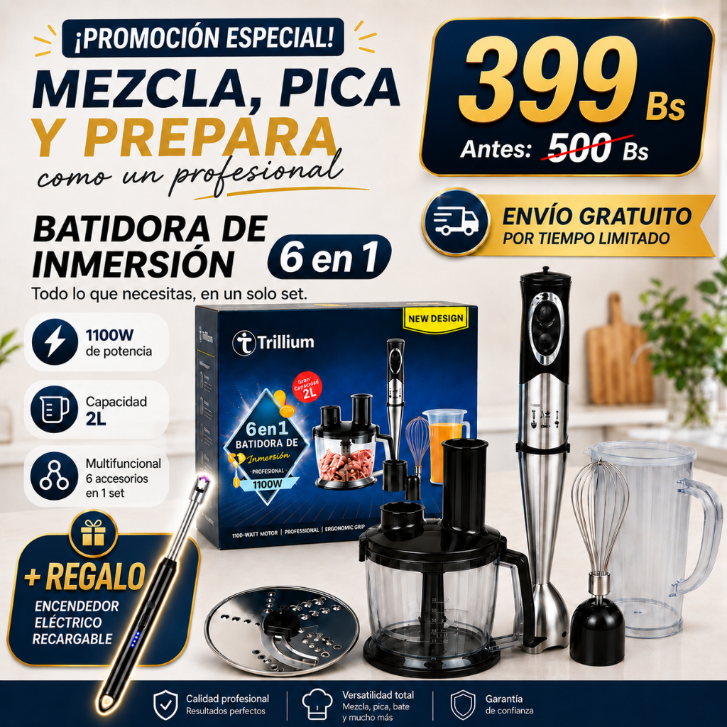 Batidora de Inmersión Trillium 6 en 1 1100W + Regalo Encendedor Eléctrico Recargable