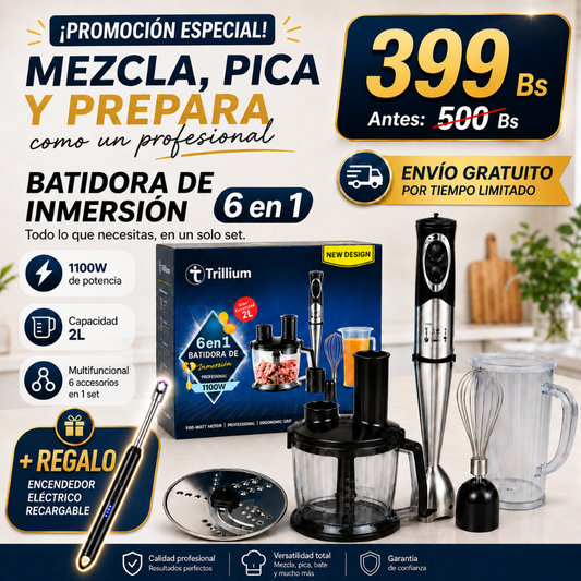 Batidora de Inmersión Trillium 6 en 1 1100W + Regalo Encendedor Eléctrico Recargable