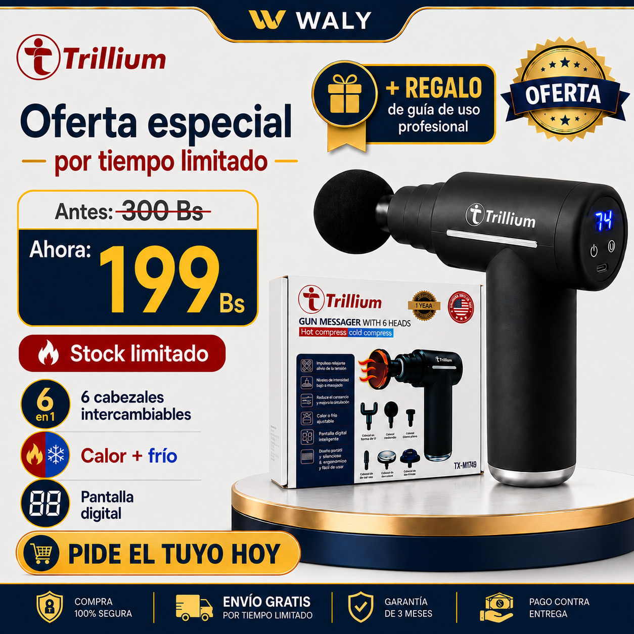 Pistola Masajeadora Trillium con 6 Cabezales | Frío, Calor y Pantalla Digital