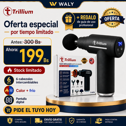 Pistola Masajeadora Trillium con 6 Cabezales | Frío, Calor y Pantalla Digital