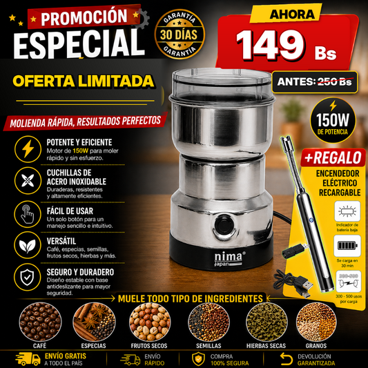 Molino Eléctrico Multifuncional de Acero Inoxidable + REGALO Encendedor Electrico Recargable